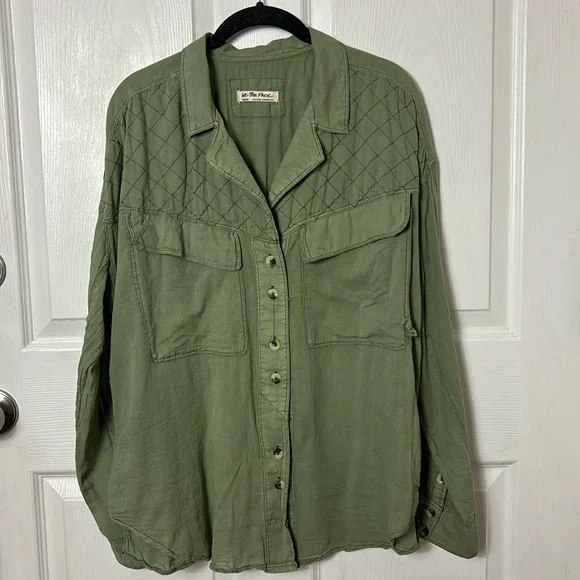 Free People We the Free Green Quilted Stitch Yoke Button up-shirt button down - Picture 2 of 14